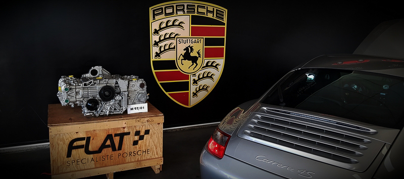 Moteur PORSCHE échange standard représentant le changement de moteur dans le cadre d'un moteur PORSCHE cassé ou rayé